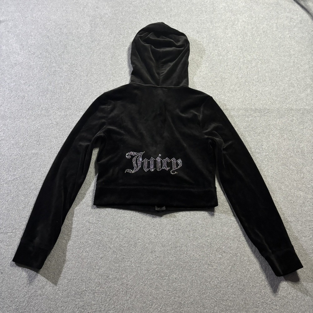 Juicy Couture Black Velour Rhinestone Logo Zip Up Hoodie Jacket Women's Size S